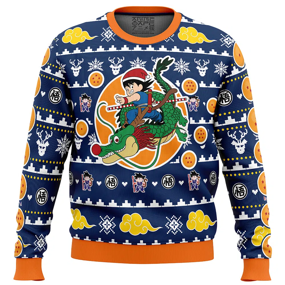Christmas Kid Goku and Shenron Dragon Ball Z Ugly Christmas Sweater FRONT mockup - Dragon Ball Daima Merch