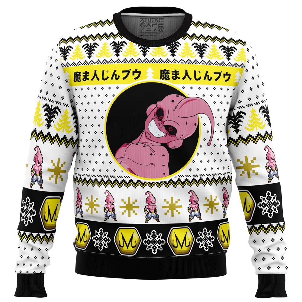Kid Buu Face DBZ Ugly Christmas Sweater FRONT mockup - Dragon Ball Daima Merch