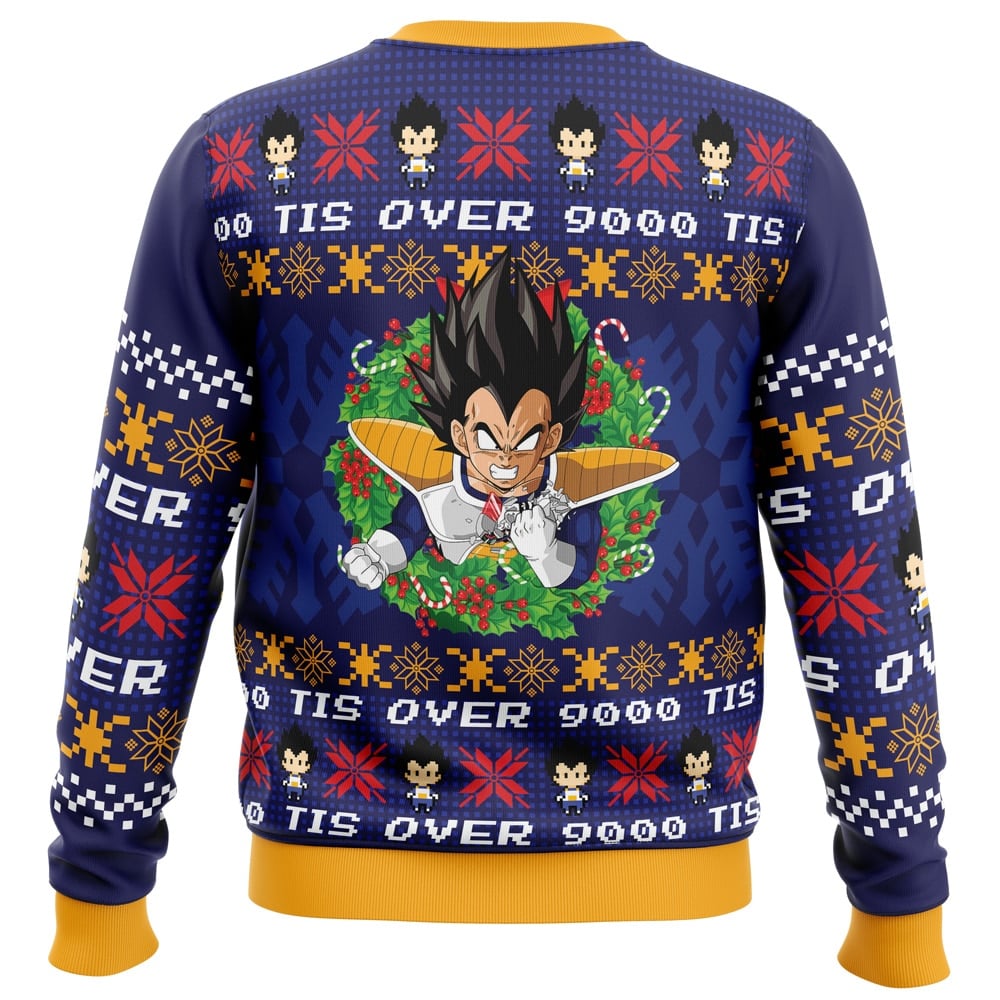 Tis Over 9000 DBZ PC Ugly Christmas Sweater back mockup - Dragon Ball Daima Merch