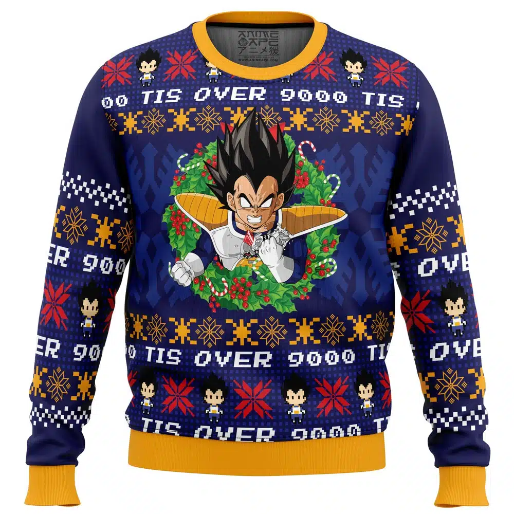 Tis Over 9000 DBZ PC Ugly Christmas Sweater front mockup - Dragon Ball Daima Merch
